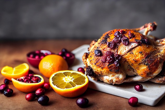 Délicieux poulet entier rôti ou dinde sur une assiette avec couverts et sauce récolter des légumes grillés sur fond rustique foncé Dîner de Thanksgiving backgroundTable de poulet frit Dîner de Noël