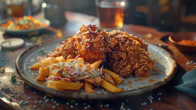 Photo délicieux poulet frit croustillant fait maison avec des patates et de la salade de chou