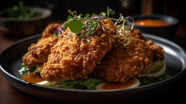 Délicieux poulet frit croustillant avec salade de chou et épis de maïs