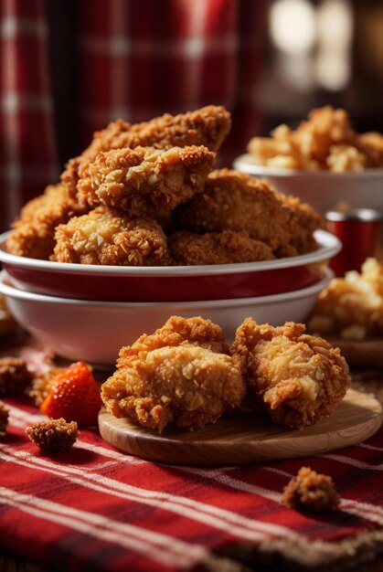 un délicieux poulet frit et des frites sur une assiette blanche avec du cola en arrière-plan