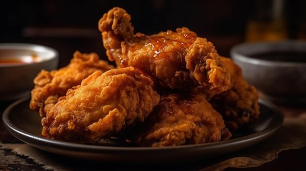 Photo délicieux poulet frit sur une planche de bois avec un fond noir