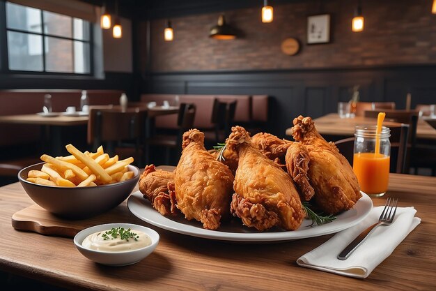 Un délicieux poulet frit sur la table d'un restaurant en arrière-plan