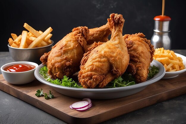 Un délicieux poulet frit sur la table d'un restaurant en arrière-plan