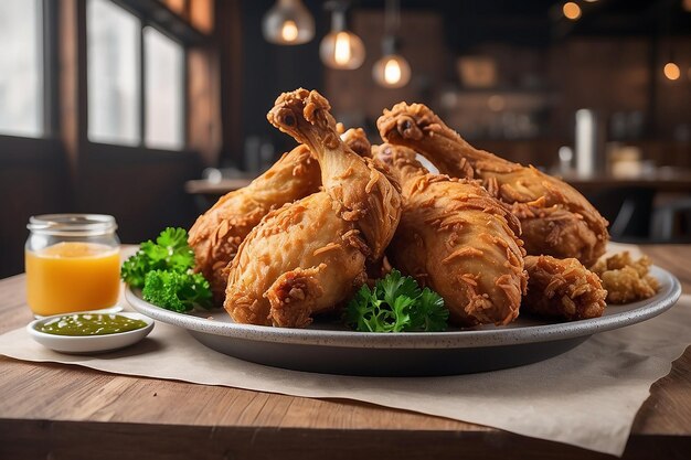 Un délicieux poulet frit sur la table d'un restaurant en arrière-plan