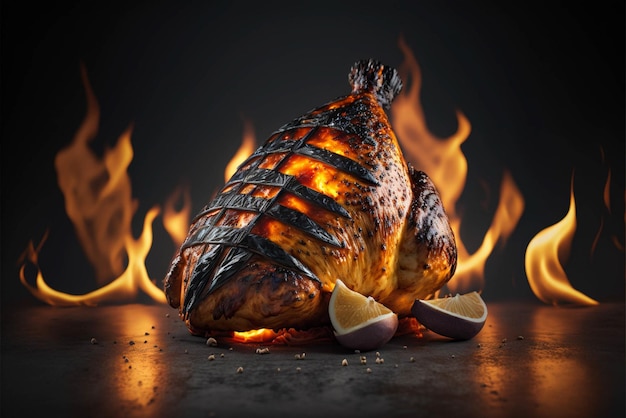 Délicieux poulet grillé épicé sur une table dans un fond noir foncé avec des épices de fumée de feu autour de photographie de nourriture stylisme alimentaire