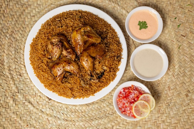 Délicieux poulet madghout dans une assiette blanche sur fond de frondes Cuisine arabe ou moyen-orientale