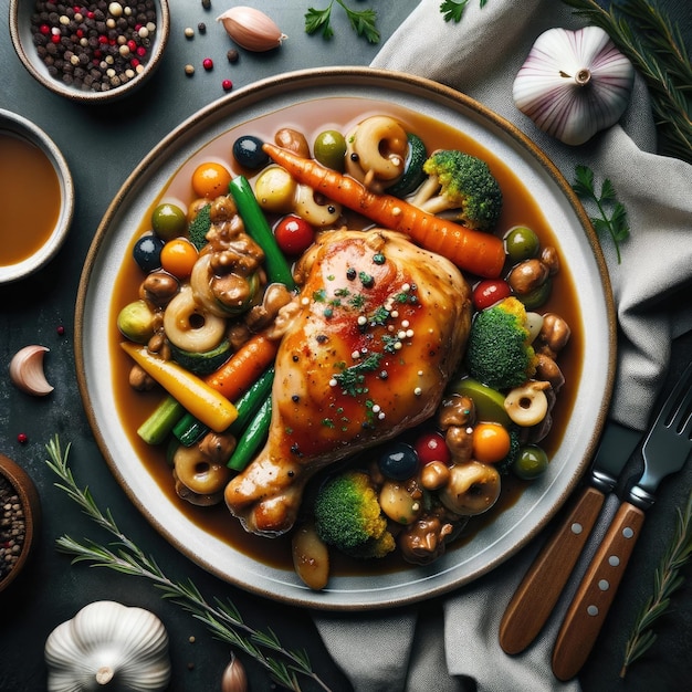 Délicieux poulet rôti entouré de légumes et d'herbes colorées