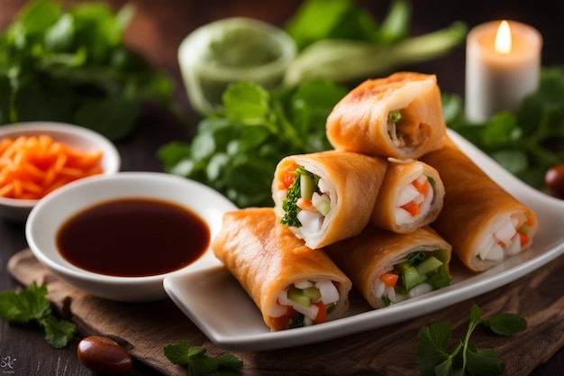 délicieux prêts à manger rouleaux de printemps asiatiques dans un plat sur une table de bois sombre style éditorial