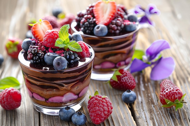 Délicieux pudding dans un bol de verre avec des baies