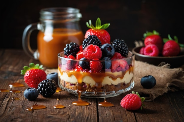 un délicieux pudding avec du caramel et des baies sur une table en bois