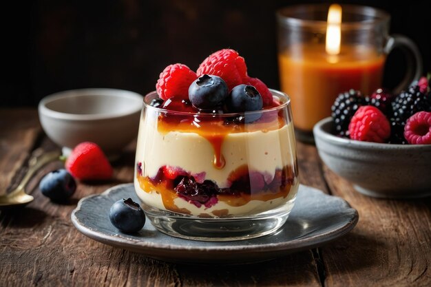 un délicieux pudding avec du caramel et des baies sur une table en bois