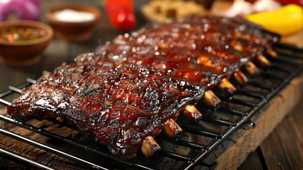 Photo un délicieux rack de côtes de porc grillées les côtes sont cuites à la perfection et étouffées dans une sauce épicée riche