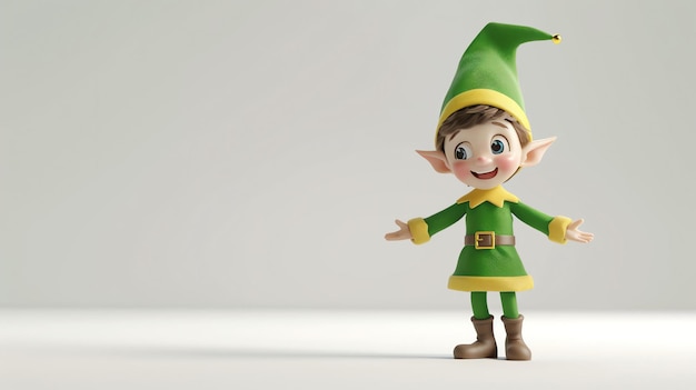 Un délicieux rendu 3D d'un charmant elfe mignon avec de grands yeux innocents et des oreilles pointues sur un fond blanc propre parfait pour les conceptions festives et les projets de narration enchanteurs