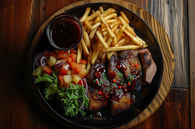 Photo un délicieux repas avec des frites, des boissons et de la viande