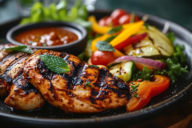 Un délicieux repas de poulet grillé et de légumes mélangés