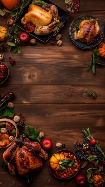 Photo un délicieux repas de thanksgiving avec des légumes d'automne de dinde rôtie et des décorations de saison sur une toile de fond en bois