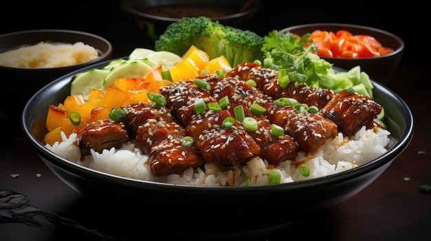 Délicieux riz Teriyaki sur une assiette avec arrière-plan flou