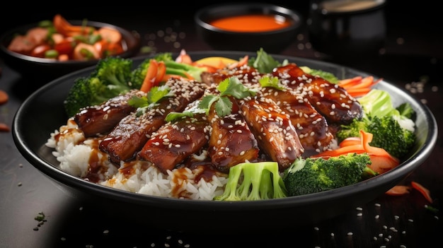 Le délicieux riz teriyaki sur une assiette avec un fond flou