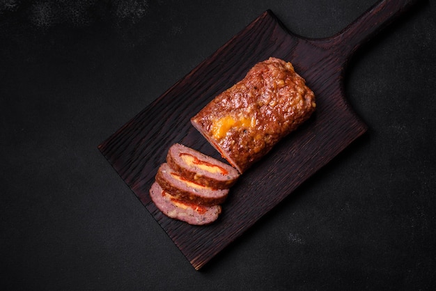 Délicieux rouleau de viande de bœuf haché frais avec tomates au fromage et poivrons doux