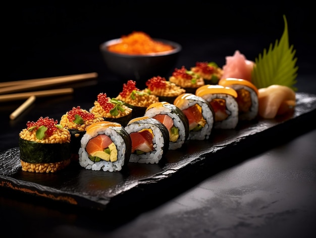 Délicieux rouleaux de sushi nigiri et rouleaux de sushi au saumon