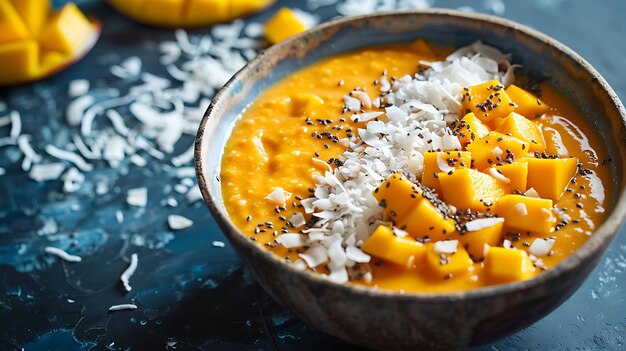 Un délicieux et sain petit déjeuner avec des flocons de noix de coco de mangue fraîches et des graines de chia parfait pour un début de journée sain