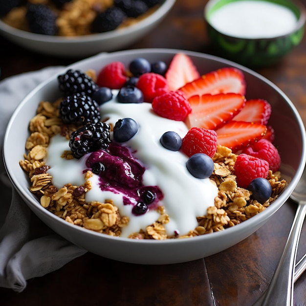 Un délicieux et sain petit déjeuner rempli de granola croustillant yogourt crémeux et sucré juteux