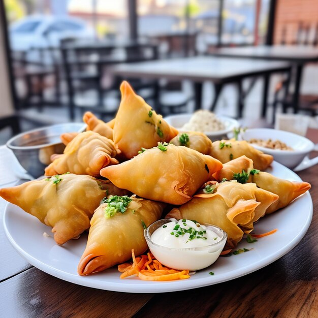 Délicieux samosas indiens avec du chutney dans un bol sur fond blanc