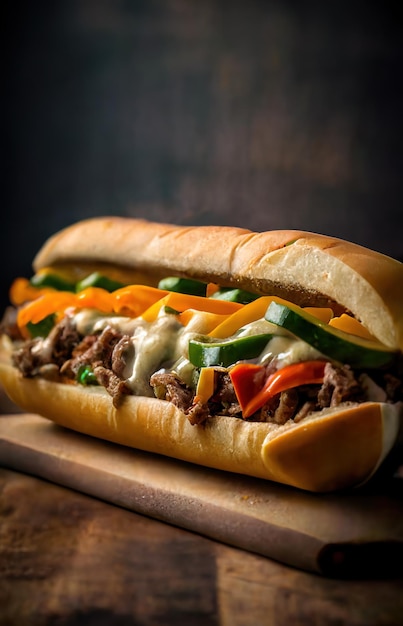 Délicieux sandwich au cheesesteak sur un petit pain grillé avec du fromage fondu et des oignons grillés