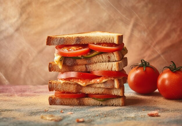 Délicieux sandwich au jambon, fromage et légumes sur fond rustique