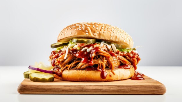 Photo délicieux sandwich au porc avec des cornichons et du ketchup