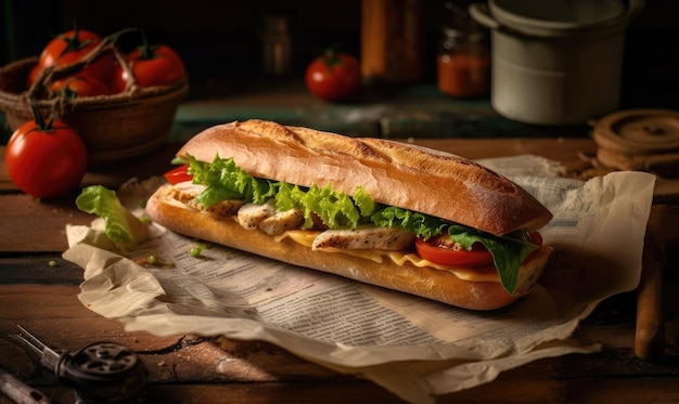 Délicieux sandwich au poulet grillé, feuilles de laitue fraîche et tomates IA générative