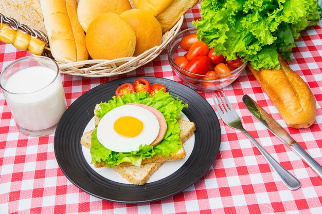 Délicieux sandwich aux œufs avec du lait et des pains assortis