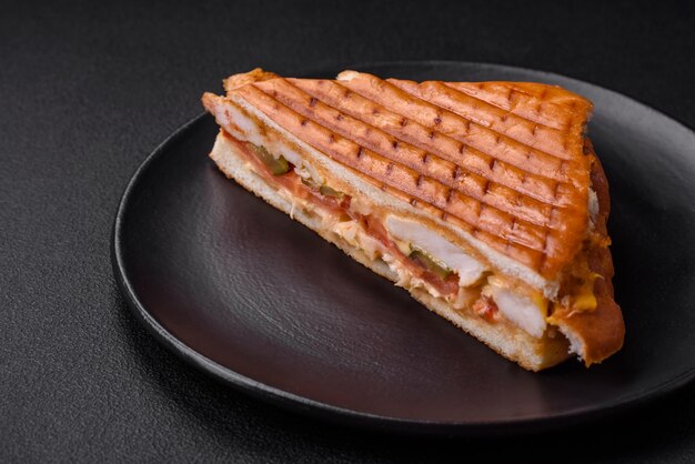 Délicieux sandwich croustillant avec ketchup de tomates poitrine de poulet et épices