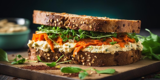 Délicieux sandwich épicé de pain de grains entiers avec carottes frites, houmous, ail et IA générative