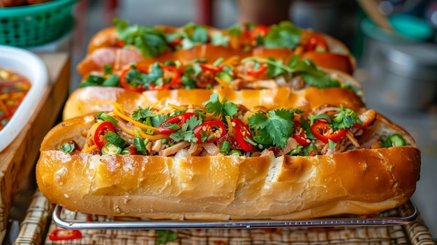 Délicieux sandwich gourmet Banh Mi avec des légumes frais et des herbes sur une table rustique