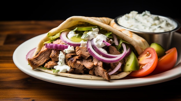 Photo un délicieux sandwich à gyro avec de la viande assaisonnée en tranches minces, des légumes frais et de la sauce tzatziki.