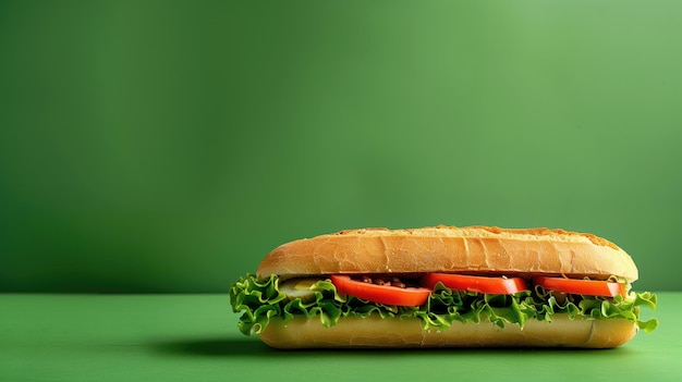 Un délicieux sandwich avec des ingrédients frais repose sur une surface vert vif