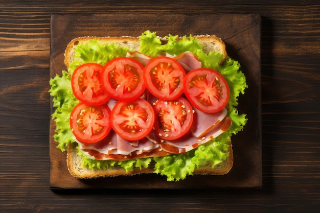 Photo un délicieux sandwich, des toasts, des couches de laitue, du jambon, du fromage et des tomates sur un plat rustique.