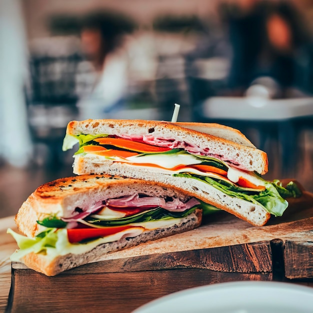 Délicieux sandwichs composés de petits pains frais fourrés aux légumes et au jambon et au fromage et servis à bord au restaurant