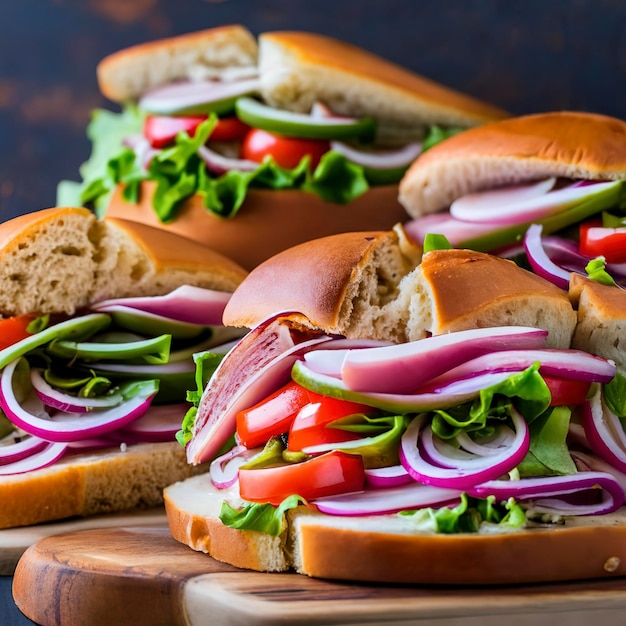 Délicieux sandwichs composés de petits pains frais fourrés aux légumes et au jambon et au fromage et servis à bord au restaurant