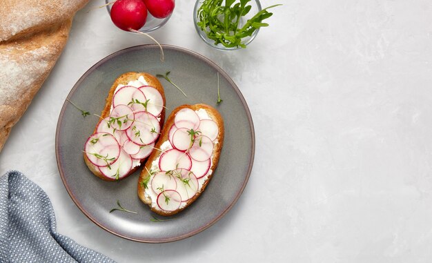 Délicieux sandwichs avec fromage à la crème et radis