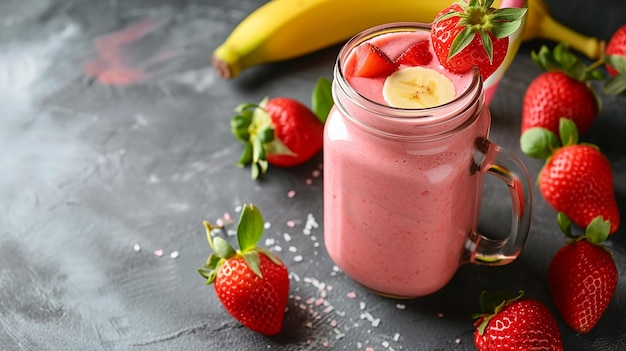 Un délicieux smoothie de banane à la fraise frais dans un pot de maçon sur un fond de pierre d'ardoise rose clair