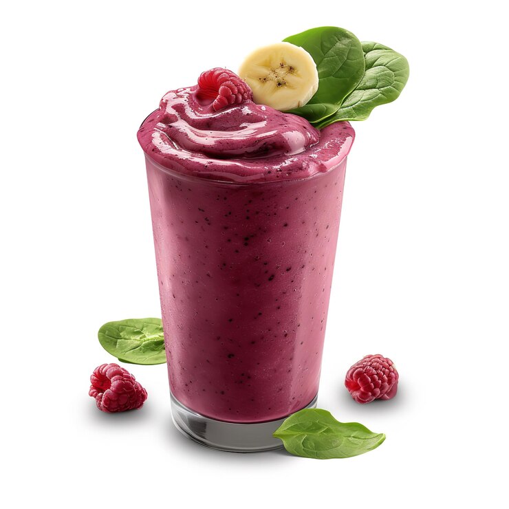 Photo un délicieux smoothie de bananes et de baies avec des épinards isolés sur fond blanc