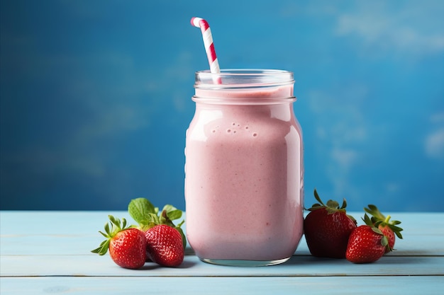 Photo délicieux smoothie de fraise rose dans un pot de maçon sur une table bleue pour un petit déjeuner et une collation sains