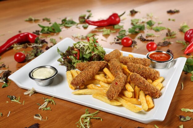 Délicieux snack assiette frites rondelles d'oignon rouleaux de printemps ou saucisses sur la table