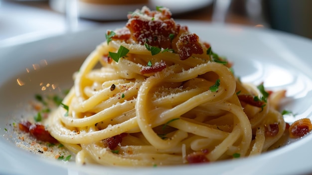 Des délicieux spaghettis carbonara servis sur une assiette blanche