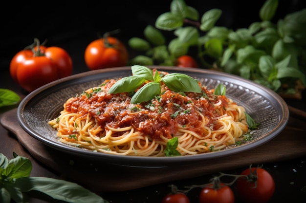 Délicieux spaghettis servis sur un plat noir