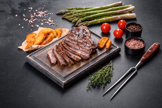 Délicieux steak de boeuf frais juteux avec des épices et des herbes sur un fond de béton foncé. Plats grillés