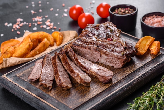 Délicieux steak de boeuf frais juteux avec des épices et des herbes sur un fond de béton foncé. Plats grillés