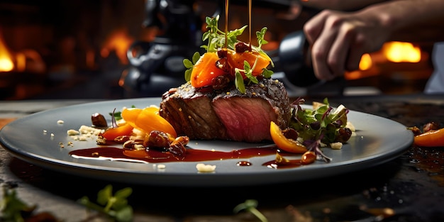 Photo un délicieux steak de bœuf gourmet sur une assiette sombre, un délicieux dîner dans un restaurant de classe, une présentation élégante de la nourriture et un plat parfait pour les amateurs de cuisine.